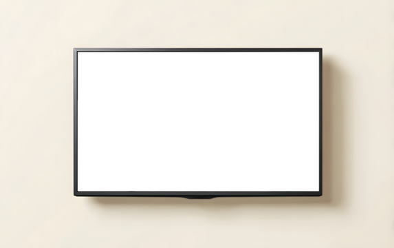Modern flat screen television displaying black blank screen on neutral wall, perfect for mockups and presentations