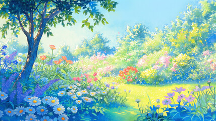 春の光と風が感じられる花咲くイラスト｜新生活に最適な爽やかで清潔感のある構図の作品