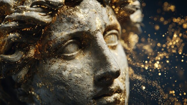 Weathered Greek statue head levitating in space surrounded by glowing gold particle nebula - Powered by Adobe