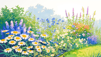 Fototapeta premium 春の陽気と花々が彩るイラスト｜新生活など多様な用途にマッチする明るく洗練された素材