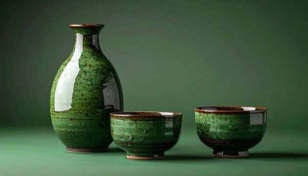 Ceramic sake bottle and cup set with natural glaze finish, showcasing earthy tones, perfect for traditional dining, kitchen decor, and lifestyle themes.