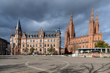 Naklejka premium market square with town hall and famous Marktkirche - market church - in Wiesbaden
