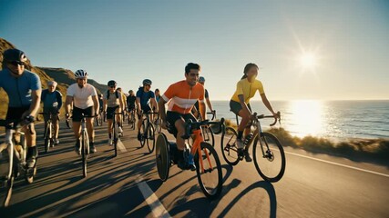 Group cycling adventure on coastal road at sunset with ocean views