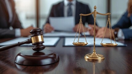 Golden Gavel & Scales of Justice on Polished Wood in Modern Office | Legal Authority, Business Law & Corporate Integrity Concept