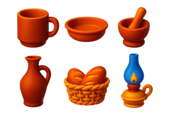Rustic Kitchenware Icons. 3D icon set of rustic kitchenware: clay mug, terracotta dish, mortar and pestle, rustic jug, bread
