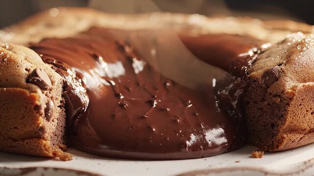 The rich, gooey center of a warm, freshly baked chocolate chip cookie cake.