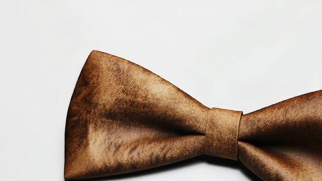 A brown bow tie rests against a plain background, showcasing its rich texture and sophisticated design. The brown bow tie emphasizes elegance and style in formal attire.