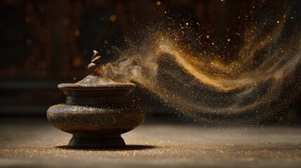 Ancient Chinese ceramic incense burner hovering in swirling gold dust clouds