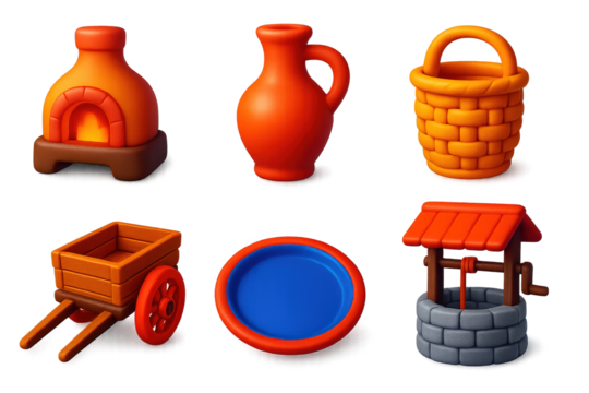 Village Life Icons. 3D icon set of village life: clay oven, water jug, wicker basket, wooden cart, ceramic plate, stone well. A