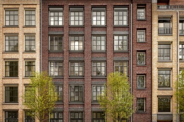 Fototapeta premium Modern urban building design showcasing brick facades and large windows amidst green landscaping in a bustling city setting