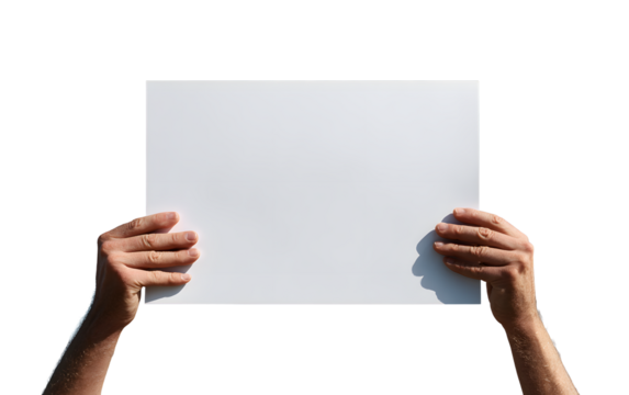Confident hands hold a blank white sign ready for your custom message or announcement