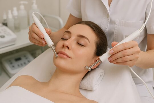 Close-up of facial microcurrent therapy on young woman in spa. Beautician using dual probes for skin lifting and toning. Relaxing skincare treatment session.