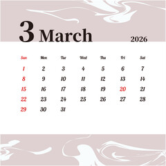 2026年3月の月間カレンダー 日曜始まり マーブル模様デザイン