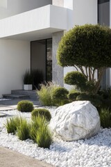 Obraz premium Modern garden design features white stones, lush greenery, and carefully shaped shrubs near a minimalist building entrance during daylight