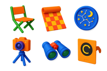 Outdoor Science Icons. 3D icon set of outdoor science: folding chair, picnic blanket, sky chart, camera tripod, binoculars,