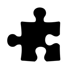 Single black puzzle piece on a white background representing unity and solutions