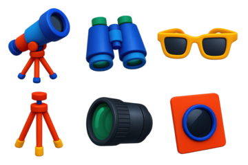 3D Observation Tools Icons. 3D icon set of observation tools: telescope, binoculars, solar glasses, tripod, camera lens, filter
