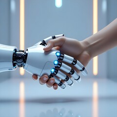 Robot and Human Hand Touching Each Other in Blue Light
