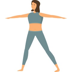 Woman In Teal Athletic Wear Performing A Warrior II Yoga Pose With Arms Extended Wide On A White Background