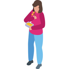 Woman in pink long sleeve shirt and blue jeans holding a yellow object and a container of yellow food on a transparent background isometric perspective