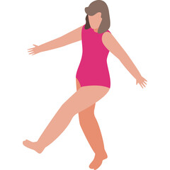 Woman in pink swimsuit kicking legs with arms outstretched in joyful dance on transparent background