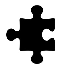 Single black jigsaw puzzle piece in stark contrast against a white background