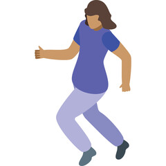Woman In Purple TShirt And Light Blue Pants Mid Stride With Brown Hair and Tan Skin Tone Engaging In Motion With Arms Outstretched and A Focused Expression Against A White Background