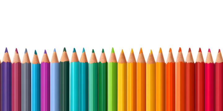 Vibrant rainbow of sharpened colored pencils arranged in a seamless row, ready for creativity and artistic expression
