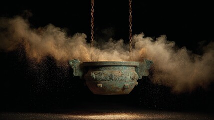 Traditional Chinese bronze ritual vessel floating in air surrounded by luminous gold dust clouds