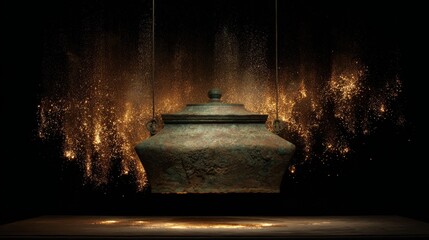 Traditional Chinese bronze ritual vessel floating in air surrounded by luminous gold dust clouds