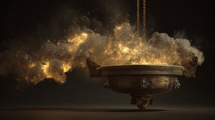 Traditional Chinese bronze ritual vessel floating in air surrounded by luminous gold dust clouds