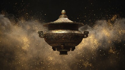 Traditional Chinese bronze ritual vessel floating in air surrounded by luminous gold dust clouds
