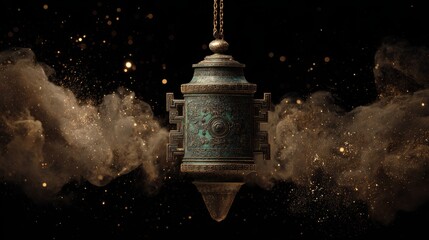 Traditional Chinese bronze ritual vessel floating in air surrounded by luminous gold dust clouds