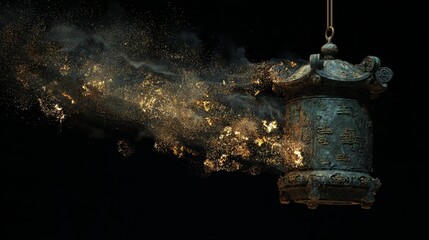 Traditional Chinese bronze ritual vessel floating in air surrounded by luminous gold dust clouds
