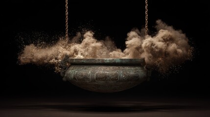 Traditional Chinese bronze ritual vessel floating in air surrounded by luminous gold dust clouds