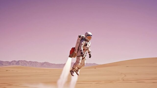 Astronaut Jetpack Flight Over Desert Planet. Sci-Fi Exploration and Space Travel Concept.