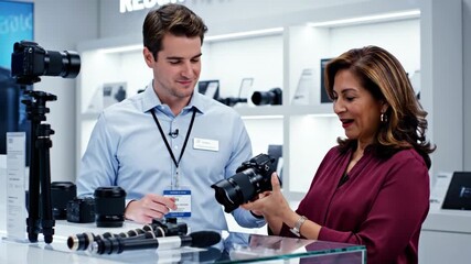 Interactive camera demonstration at technology store with engaged customers