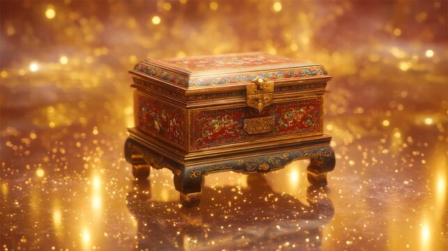 Ornate Chinese lacquered jewelry box floating in glowing gold particle environment