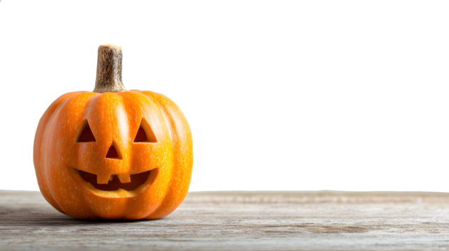 Spooky carved pumpkin with a happy face sits on a rustic wooden surface, perfect for Halloween celebrations and festive decor projects. - Powered by Adobe