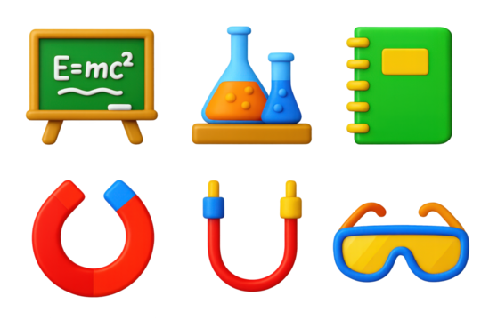 Classroom Science Icons. 3D icon set of classroom science: chalkboard, experiment kit, notebook, magnet, wire, safety goggles. A