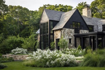 Obraz premium A contemporary country house is nestled amidst vibrant greenery and colorful blooming flowers, creating a tranquil escape in a picturesque landscape during the serene late afternoon hours