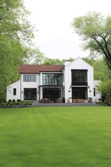 Obraz premium Modern white house with large windows and spacious lawn set in a serene green landscape during the afternoon, showcasing minimalist design and inviting outdoor space