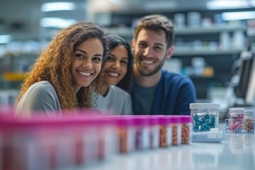 Three smiling pharmacy staff members pose together in a modern pharmacy full of medication