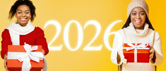 Two cheerful individuals present colorful gifts against a bright yellow background featuring the...