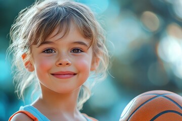 Young girl smiles while holding a basketball during a sunny afternoon outdoors at the park
