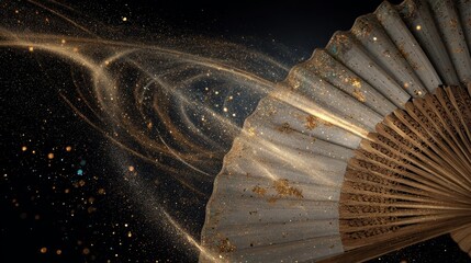 Ancient Chinese Silk fan gracefully floating in air with golden dust spirals