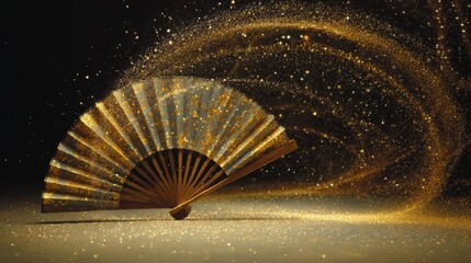 Ancient Chinese Silk fan gracefully floating in air with golden dust spirals