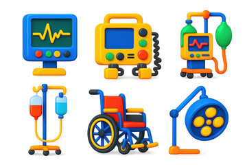 Bright 3D Hospital Icons. 3D icon set of hospital equipment: heart monitor, defibrillator, ventilator, IV stand, wheelchair,