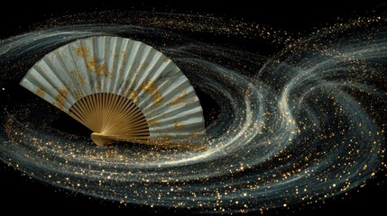 Ancient Chinese Silk fan gracefully floating in air with golden dust spirals
