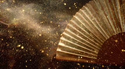 Ancient Chinese Silk fan gracefully floating in air with golden dust spirals